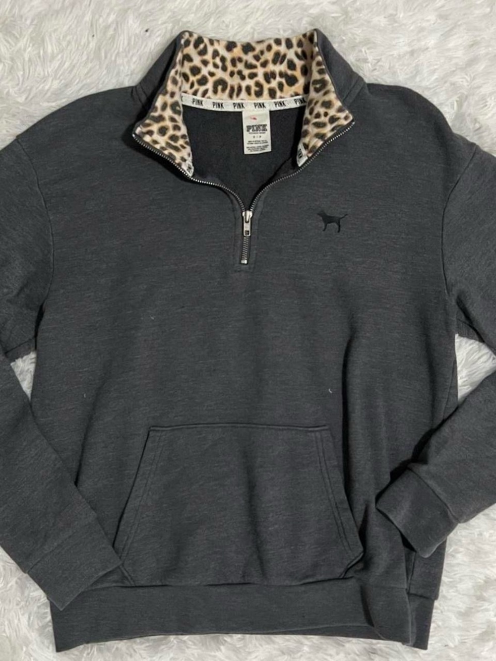 PINK Victoria's Secret Charcoal Half-Zip Pullover with Leopard Collar